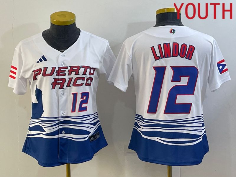 Youth 2023 World Cub Puerto Rico #12 Lindor White MLB Jersey7